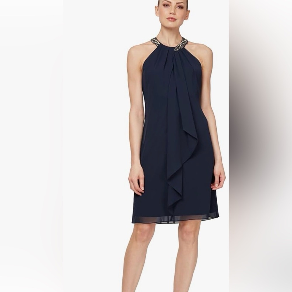 SL Fashions Jewel  Halter Chiffon Dress  Cocktail Formal Women's 14P Navy